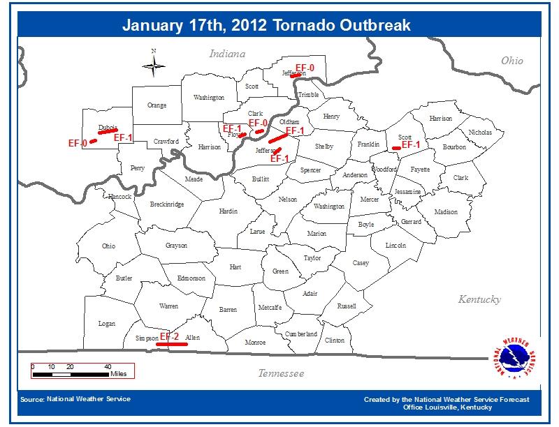 Figure 1. Storm reports for the Storm prediction center (SPC) for 17 January 2012. Data are color coded by event type.