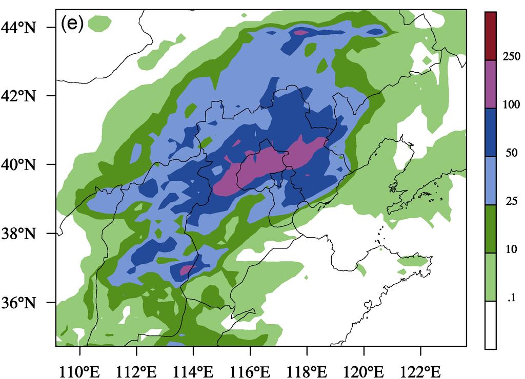 rainfall amount at 0800 21 July to 0800 BST 22 July (units: mm) in the (e) simulation and (f) observation. 3.