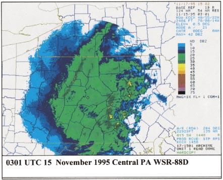 JUNE 1999 NICOSIA AND GRUMM 355 FIG. 8. Same as Fig. 3 except for the KCCX WSR-88D and at 0301 UTC 15 Nov 1995. New York State (Fig. 11). Total snowfall surpassed 60 cm (24 in.