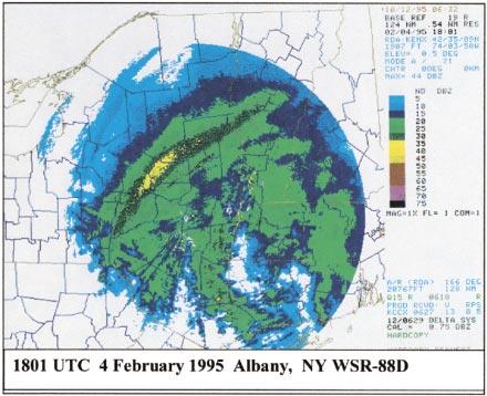 JUNE 1999 NICOSIA AND GRUMM 351 FIG. 3. KENX WSR-88D base reflectivity (0.5 elevation) at 1801 UTC 4 February 1995 (color scale to the right of the image, every 5 dbz).