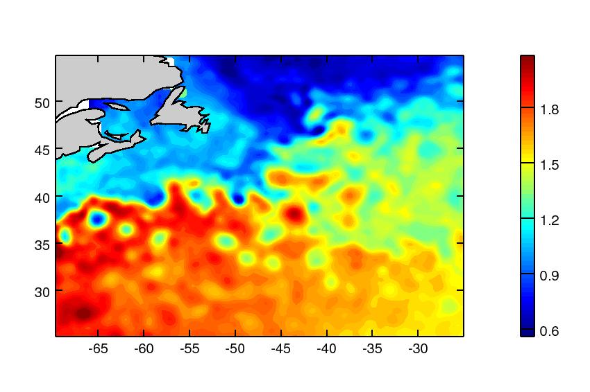 Figure 2.1: Gulf Stream and eddy field as measured by satellite altimetry the 28 January 2008 (units are m). The diameter of these eddies are related to the radius of deformation.