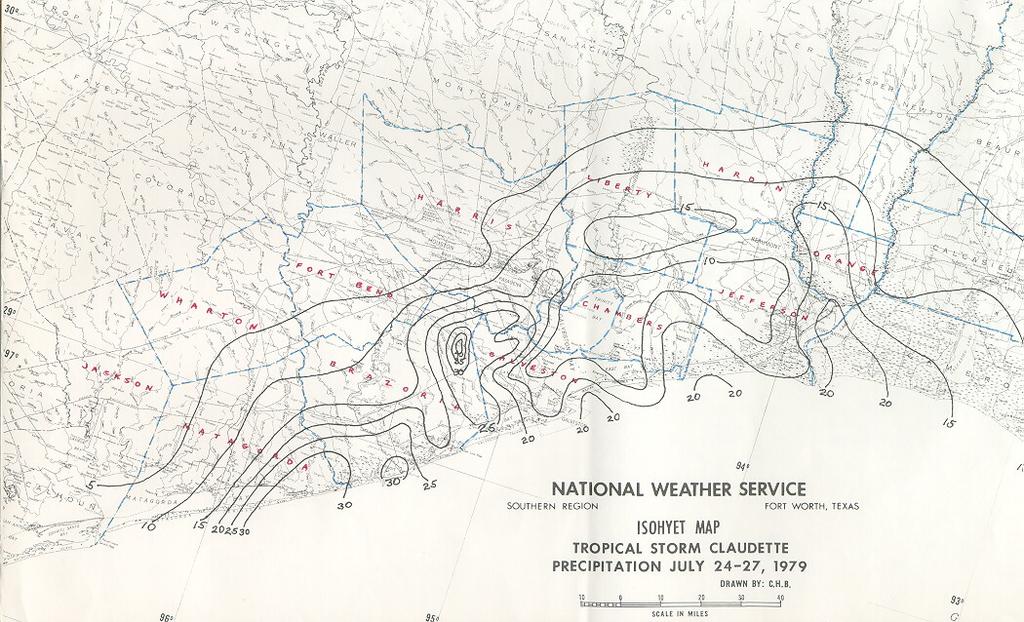 Figure 1.6: Isohyet (lines of constant precipitation) drawn by hand (from http://www. srh.noaa.gov/hgx/hurricanes/1970s.htm) 1.