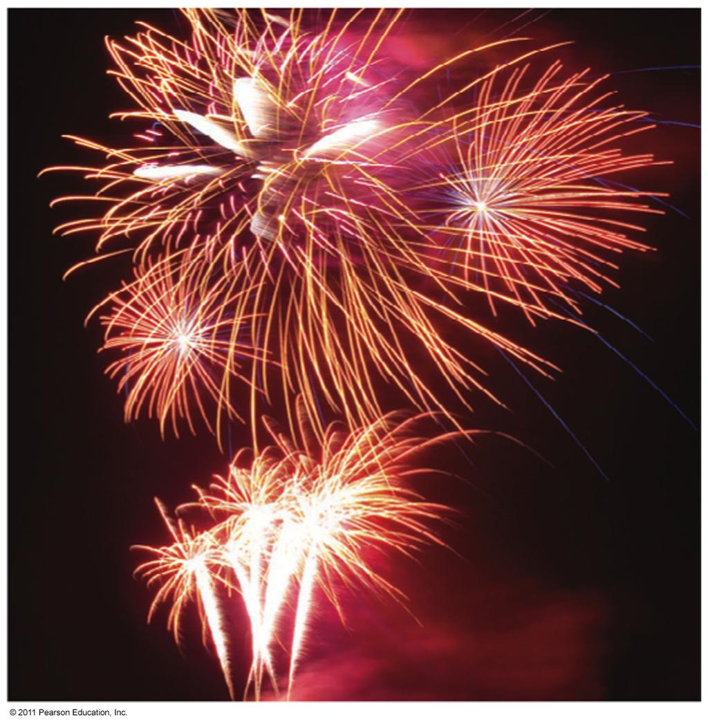 Chemistry Connection: Fireworks The bright colors seen in a fireworks display are caused by chemical compounds, specifically the metal ions in ionic compounds. Each metal produces a different color.
