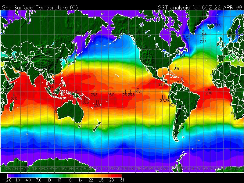 Slide 62 / 87 Ocean Temperatures The warmer water near the equator tends to move towards the cooler