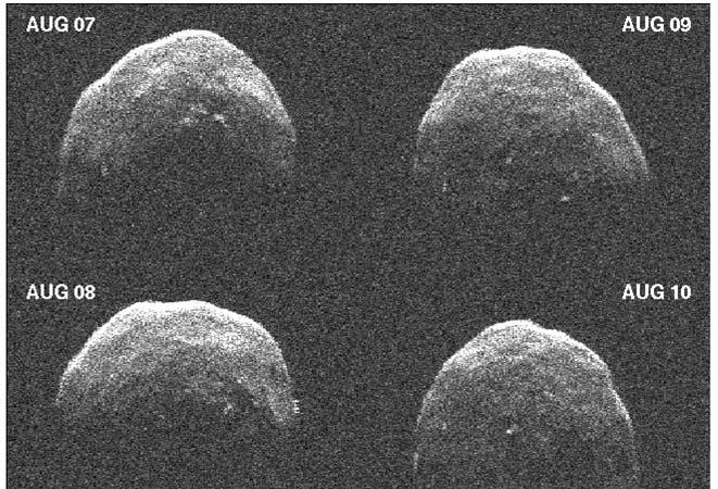FIGURE 2 Arecibo radar images of 2-kilometer-diameter asteroid 1992 UY4 made from four days observations in August 2005.