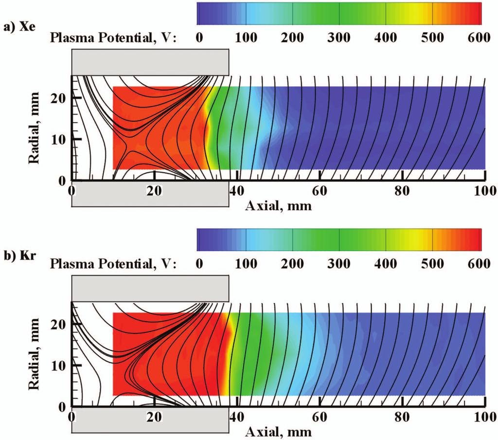 093502-7 Internal plasma potential measurements... Phys. Plasmas 13, 093502 2006 FIG. 12. Color Plasma potential map for xenon a and krypton b at a discharge voltage of 600 V.