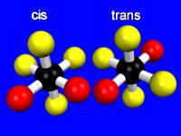 Figure 14.7: Cis and Trans Isomers Two cis ligands (red spheres) are adjacent to one another, while two trans ligands are opposite one another.