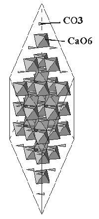 a) Fig.11.4 Structura calcitului reprezentata cu poliedre de coordinare b) Fig.11.5 Structura dolomitului: (vedere generala): a) celula elementara romboedrica; b) structura reprezentata cu poliedre de coordinare Celula elementara romboedrica: a0 = 6,19 Å; = 102o50'.