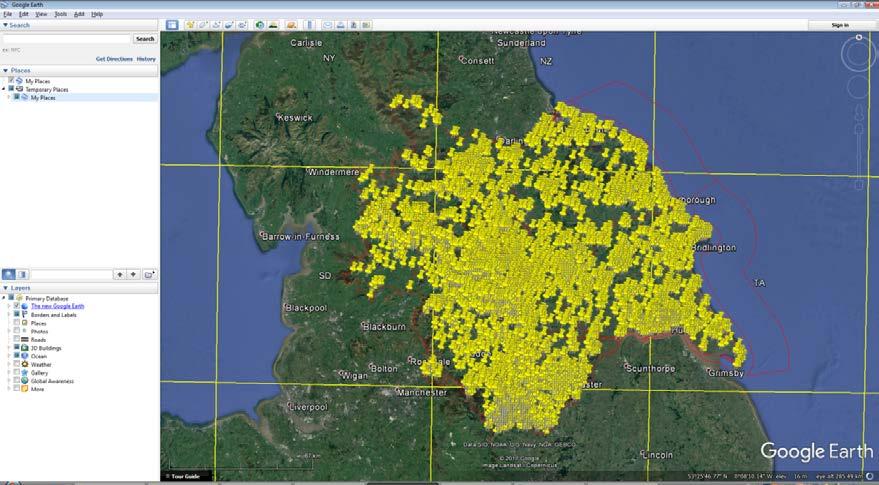 Figure 7. Screen shot of Google Earth from about 250 km above Yorkshire, with the 2015-2016 butterfly sightings at monad level.