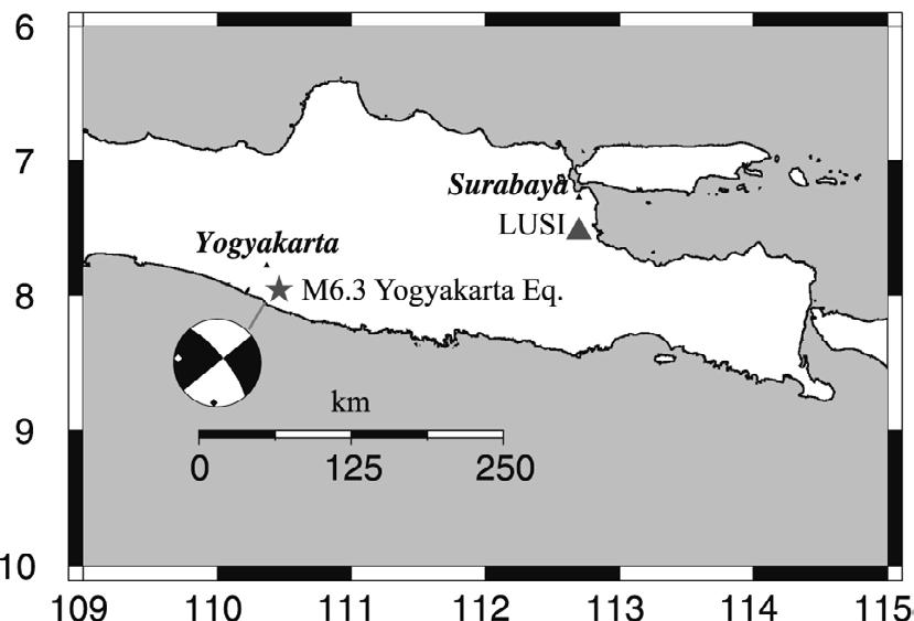 Fig. 1 Map showing locations of the mud volcano, LUSI(triangle)and 2006 Yogyakarta earthquake(star). The focal mechanism diagram shows a strike-slip earthquake. Fig.