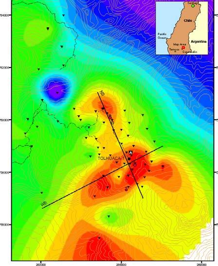 4.3 MT resistivity survey results Following the initial geochemistry and geology reconnaissance projects, an initial 19 station MT survey was collected by GNS Science of New Zealand in 2007 to