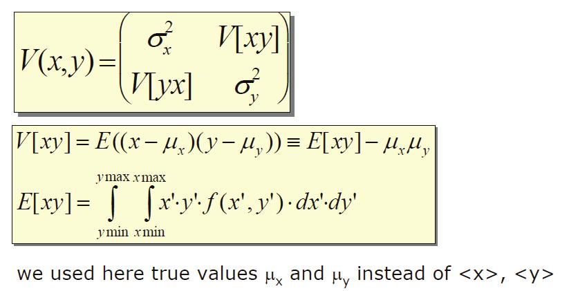 Covariance/correlations The covariance can be represented by a matrix V(x, y) is often called the