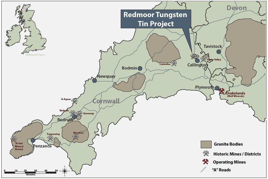 Redmoor Location and Ownership Redmoor Project located in the world class Cornwall tin tungsten copper mineralised district 100% owned Redmoor Exploration