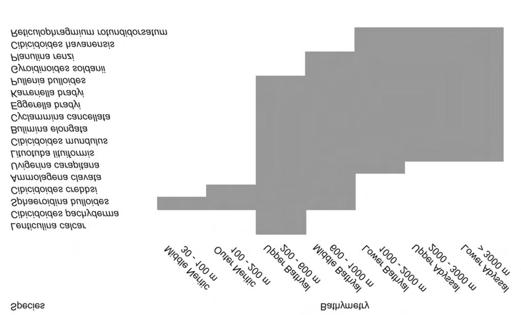 Micropaleontology, vol. 54, no. 6, 2008 TEXT-FIGURE 11 Palaeobathymetric ranges of important species from the Miocene section of the study well. Species such as C. crebbsi and C.