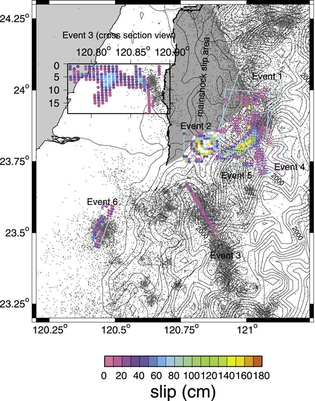 Figure 10. Slip models from this study are plotted on the black topographic contour map. The dark gray dots are the aftershock seismicity from Kao and Chen [2000] and the Central Weather Bureau.