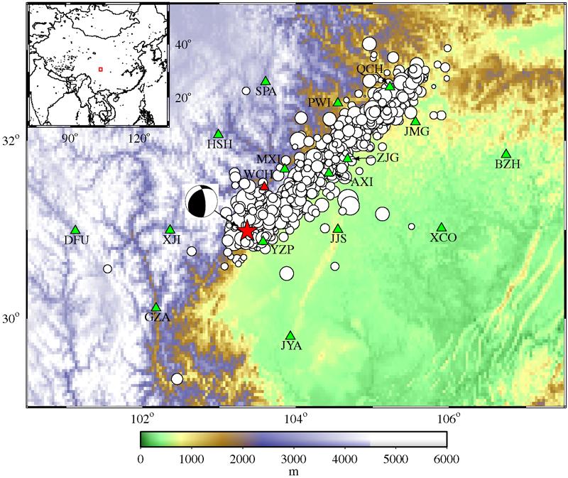 Coseismic Velocity Change in the Rupture Zone of the 2008 M w 7.9 Wenchuan Earthquake 2541 Figure 1. Geographic location of the 2008 M 7.9 Wenchuan earthquake and map of the study area.