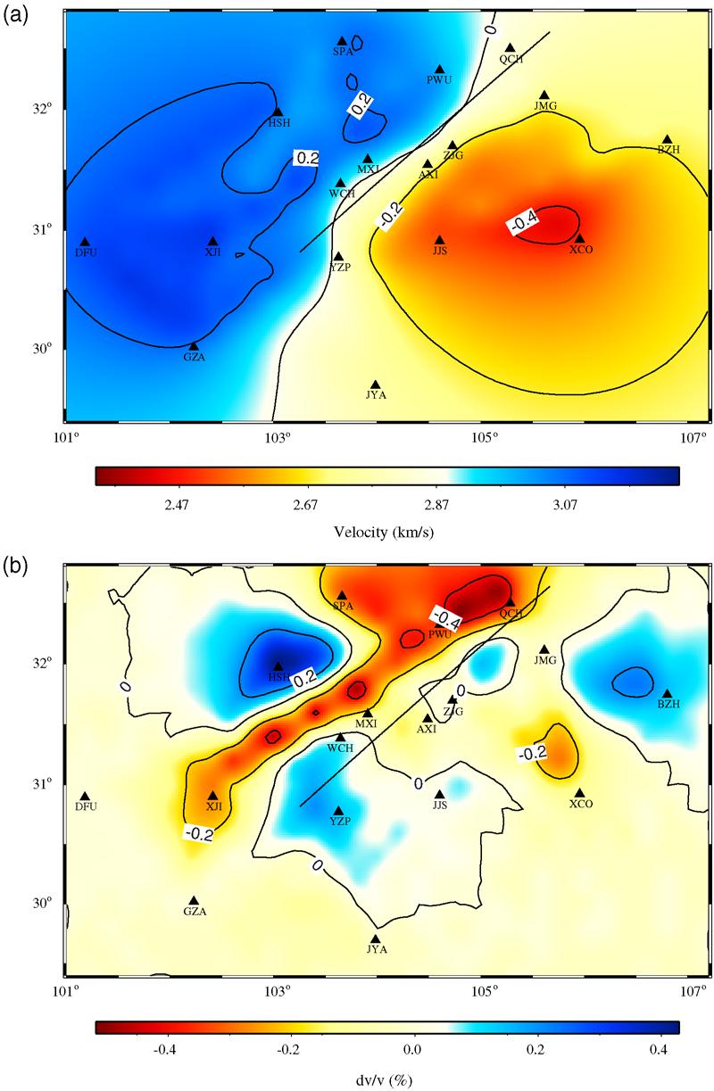 Coseismic Velocity Change in the Rupture Zone of the 2008 M w 7.9 Wenchuan Earthquake 2545 Figure 5. (a) Group-velocity map from 10 to 25 s Rayleigh-wave measurements.