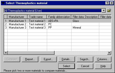 Selecting material data from the User database From the drop down menu select All Thermoplastics material (User).