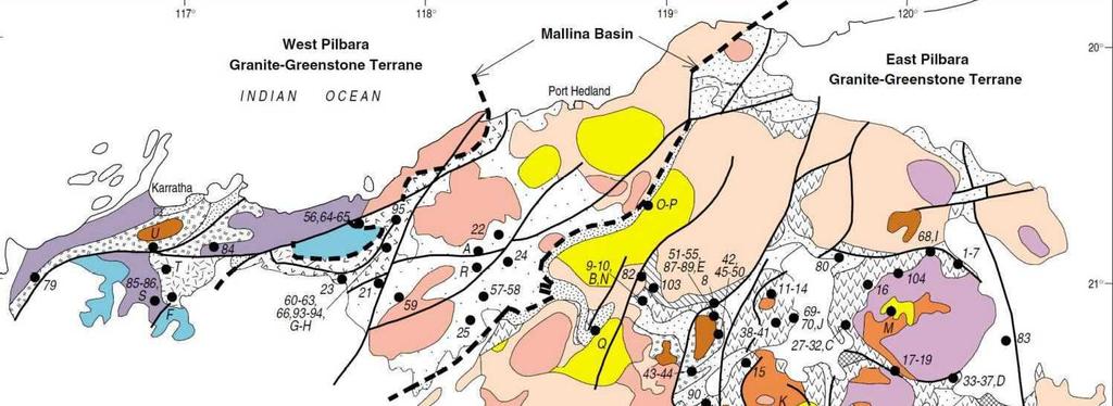 Figure 7-3: 7.. STRUCTURE Summary map showing the age and distribution of the granites, greenstone successions and sedimentary basins in the north Pilbara Craton. (From Huston et al.