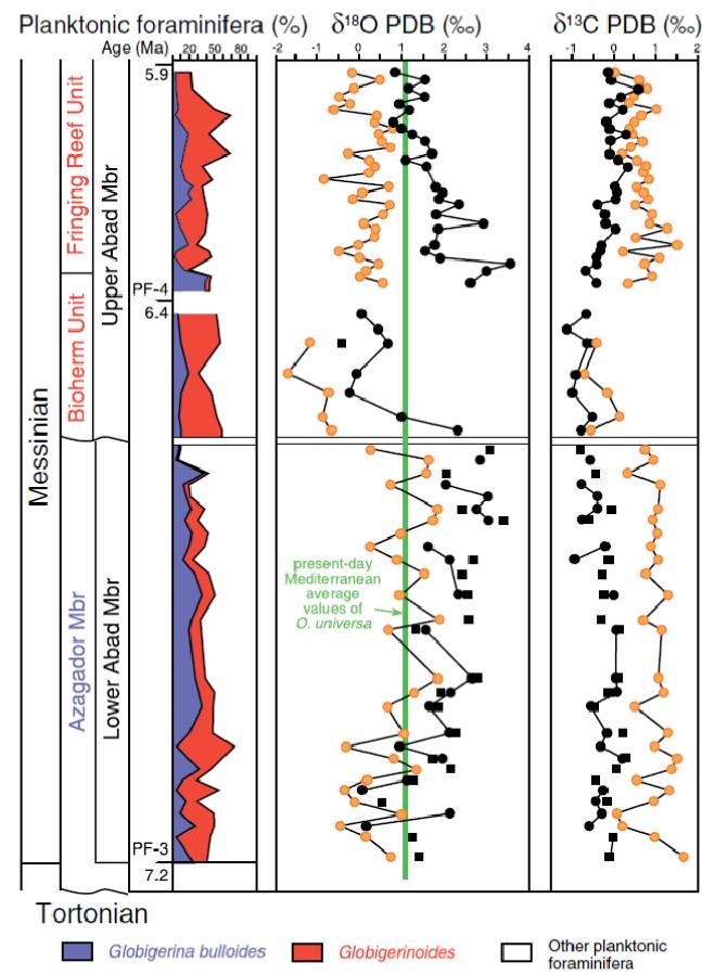 OXYGEN STABLE-ISOTOPE DATA OXYGEN-ISOTOPE DATA CONFIRM THE CLIMATE ALTERNATIONS IN THE UPPERMOST MIOCENE Reef units Orbulina universa Cibicioides dutemplei d 18 O values, together with