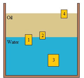 5) In the diagram below, consider four blocks floating in a water-oil mixture.