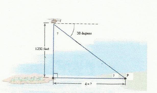 8. The helicopter in the picture is hovering 1250 feet above a small island. The angle of depression from the helicopter to the point P on the mainland is 38 degrees.