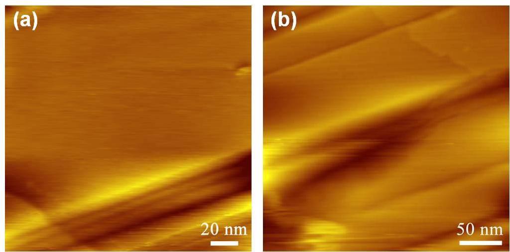 Supplementary Figure 21 Large-area STM image of graphene monolayer grown on Cu foils. (a) is take at V sample = -1.