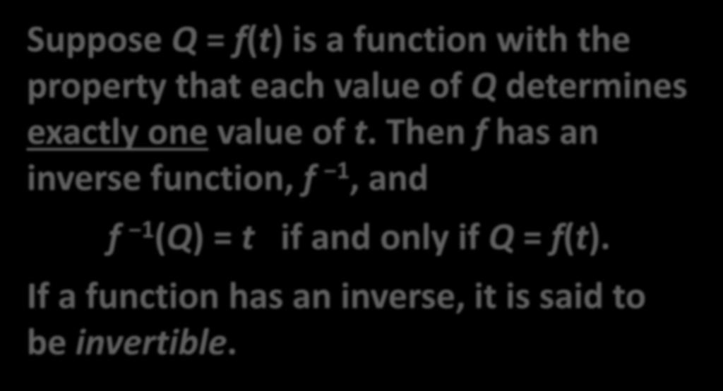 Definition of Inverse Function Suppose Q = f(t) is a function with the property that each value of Q determines eactly one value of t.