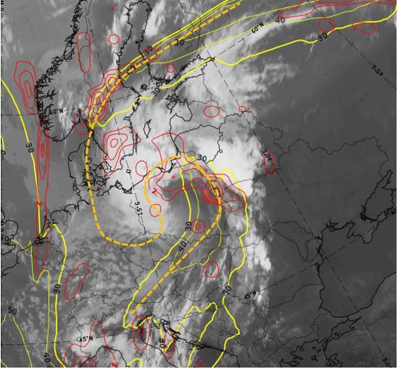 14 July 2016/18 UTC WCB occlusion Cyan: Height contours 300 hpa Yellow: isotachs 300 hpa Orange/Black: Red (left, right): relative vorticity advection CVA 300 hpa