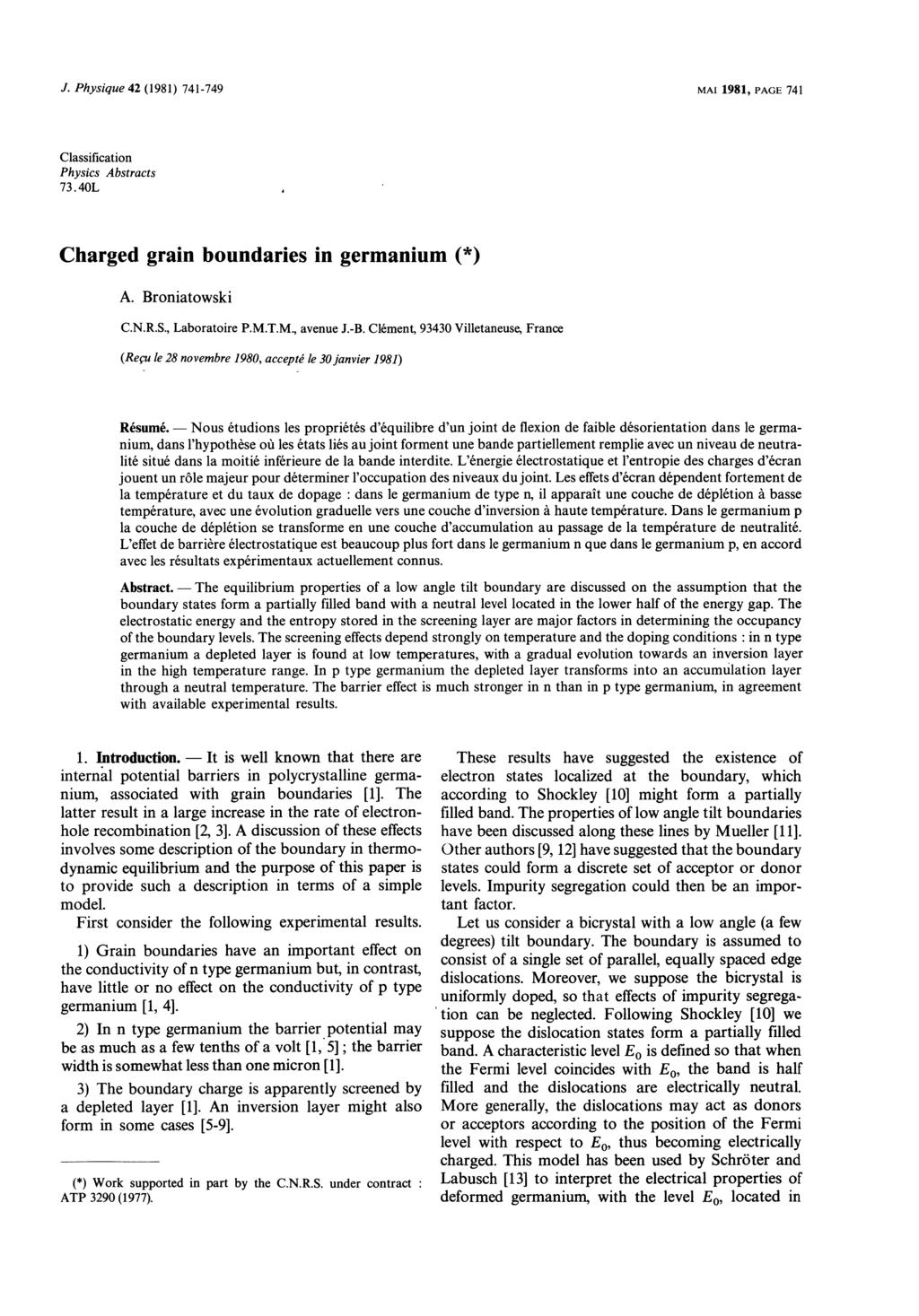Nous The It J. Physique 42 (1981) 741749 MAI 1981,. 741 Classification Physics Abstracts 73.40L I Charged grain boundaries in germanium (*) A. Br