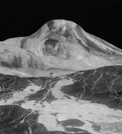 Gula Mons, a volcano on Venus, is almost 3.2 km (2 mi.) high. As well as trapping in heat, the clouds of Venus reflect sunlight.