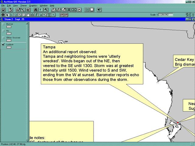 Fig. 1. An example of a callout in the HHIT from a portion of a GIS view for the September 1848 Tampa Bay hurricane (ArcView project version). User's manual.