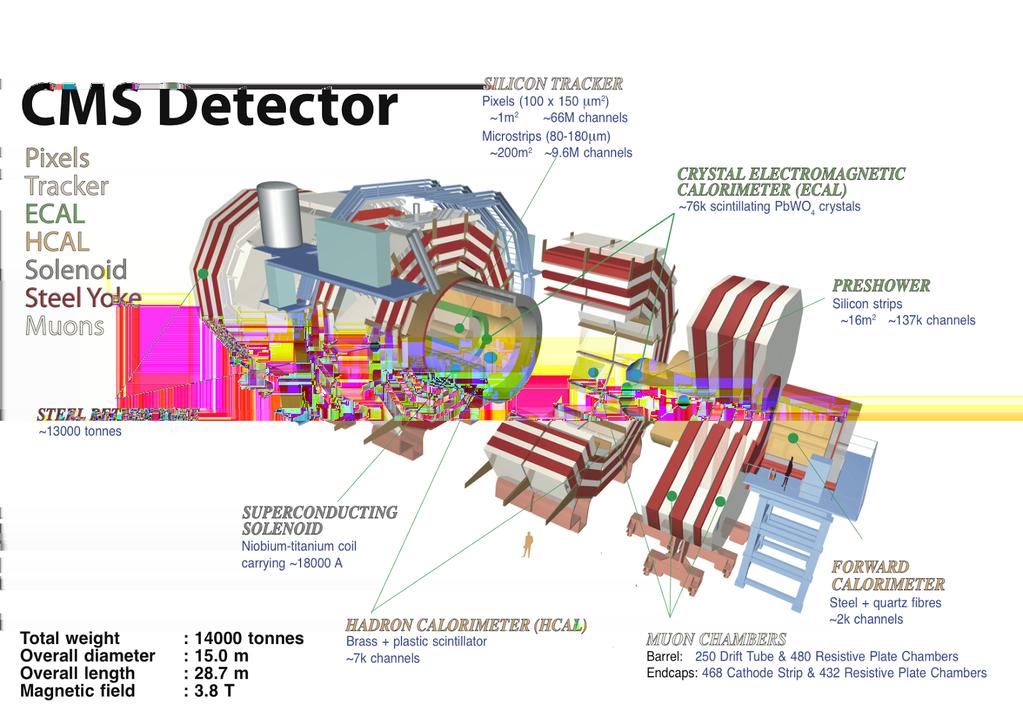 Figure 3.3: Overview of the CMS detector with all its subsystems. [33] z-axis, with two end-caps on either side, with distances of 34.5 cm and 46.4 cm to the interaction point.