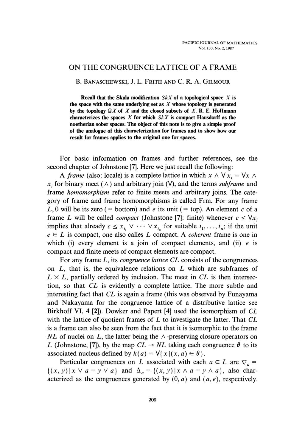 PACIFIC JOURNAL OF MATHEMATICS Vol. 130, No. 2,1987 ON THE CONGRUENCE LATTICE OF A 