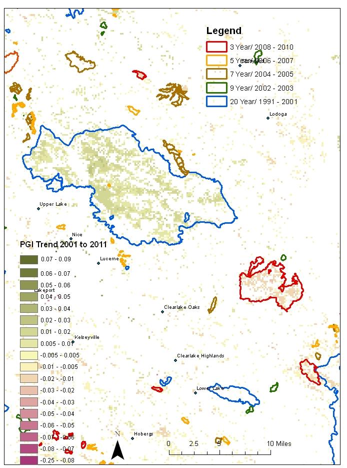 Figure 7: Fire history polygons overlaid on trends in the plant growth index east of Clear Lake, California.