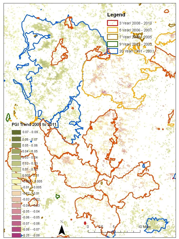 Figure 8: Fire history polygons overlaid on trends in the plant growth index east of Willow Creek, California. Much of this area was burned during the period from 1991 to 2001.