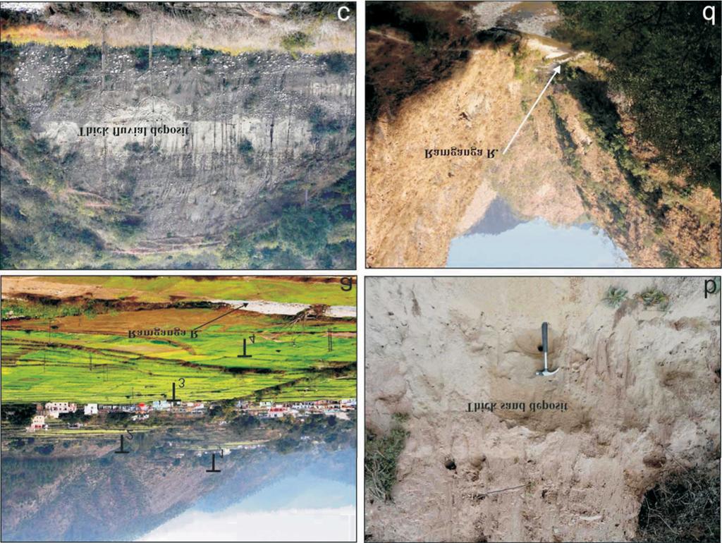 WIHG (a) Four levels of fluvial terraces developed on the right bank of Ramganga River at Chaukhutia. (b) showing lacustrine deposits at Jainal. (c). showing the Quaternary deposits at Syalde.
