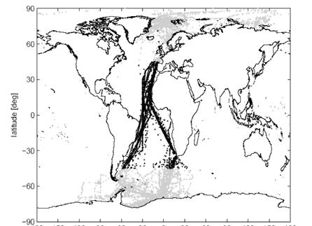 Figure 12. Map of aerological soundings performed aboard research vessel Polarstern between December 1982 and June 2005 (grey dots). The study of Beyerle et al.
