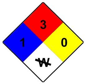 (yellow). The bottom quadrant (white) is used to indicate water reactivity, radioactivity, biohazards, or other special hazards. The emergency hazards are signaled on a numerical scale of 0 to 4.
