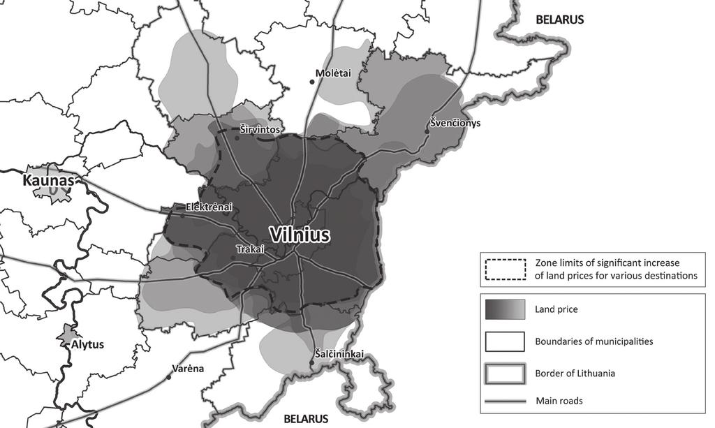 Fig. 4. Limits of Vilnius urban region according to land price (according to the data of Centre of Registers, h p://www.registrucentras.lt/masvert/) 4 pav.