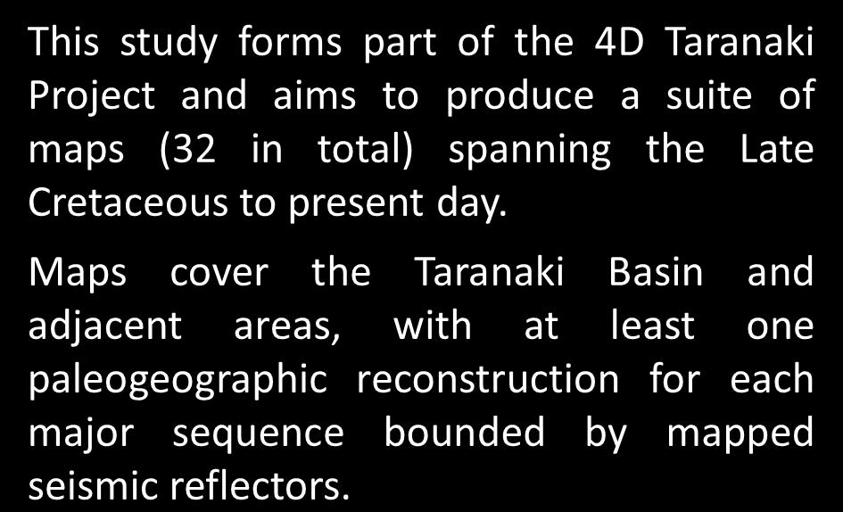 Maps cover the Taranaki Basin and adjacent areas, with at least one paleogeographic