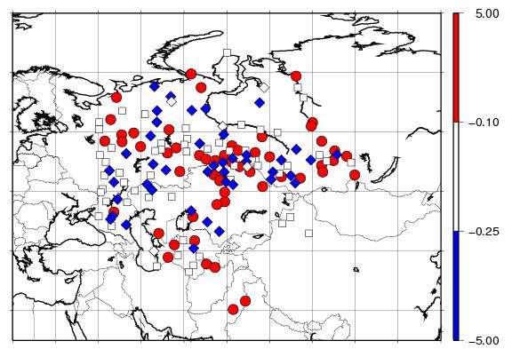 «Stilling» and «non-stilling» stations Central Asia - Yearly wind speeds by classes: Trend < -0.25, > -0.1, in between. Vautard et al., 2009 Draft.