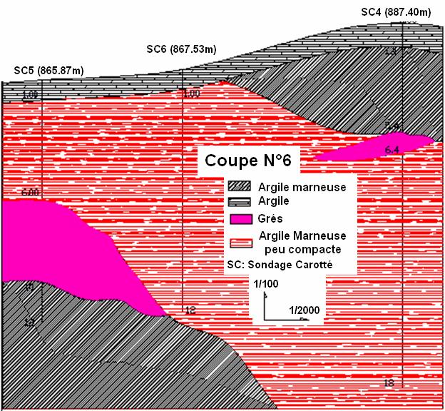 Swelling and Geotechnical Youcef Houmadi, Sidi Mohammed Aissa Mamoune and Khalil Belakhdar Figure (4): Exemple d une coupe géotechnique N 6. D: embankment, clay, compact marly clay.