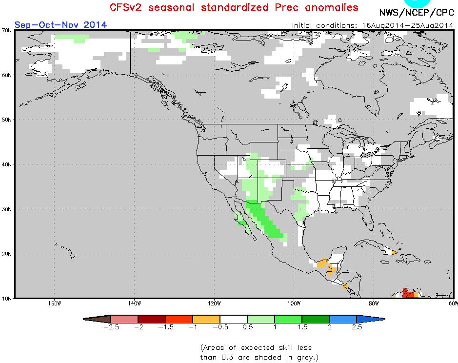 Important CPC tools besides ENSO composites Coupled Forecast System (Version 2) Not as exuberant as just a month ago, the latest fall forecast by CFS2 keeps it moist from