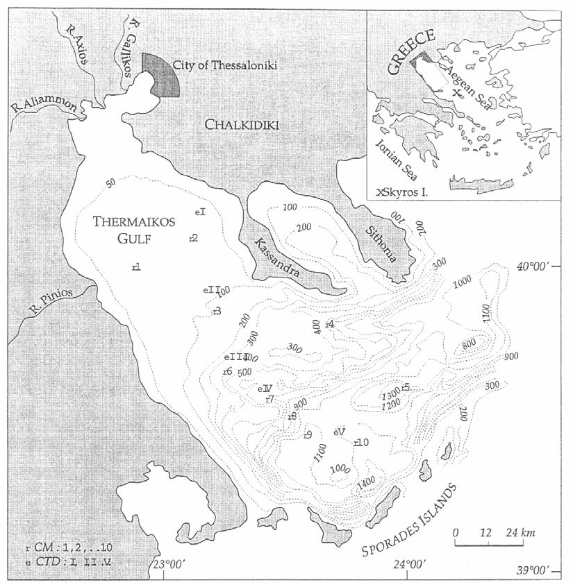 Figure 1. Bathymetry and locations of current meter moorings (in latin letters).