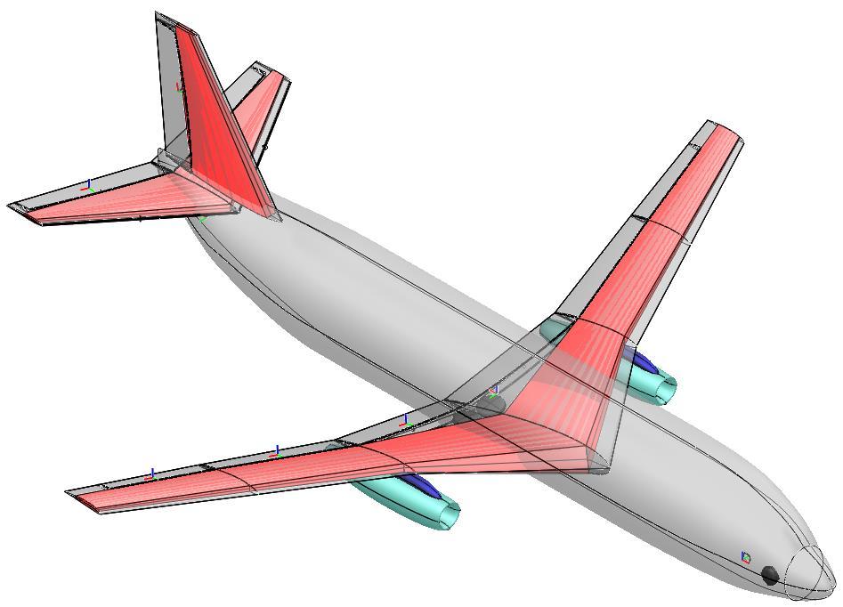 B737-200 OpenVSP Model Wing and tail torsion boxes created using duplicate wing components that are truncated at forward and rear spar.