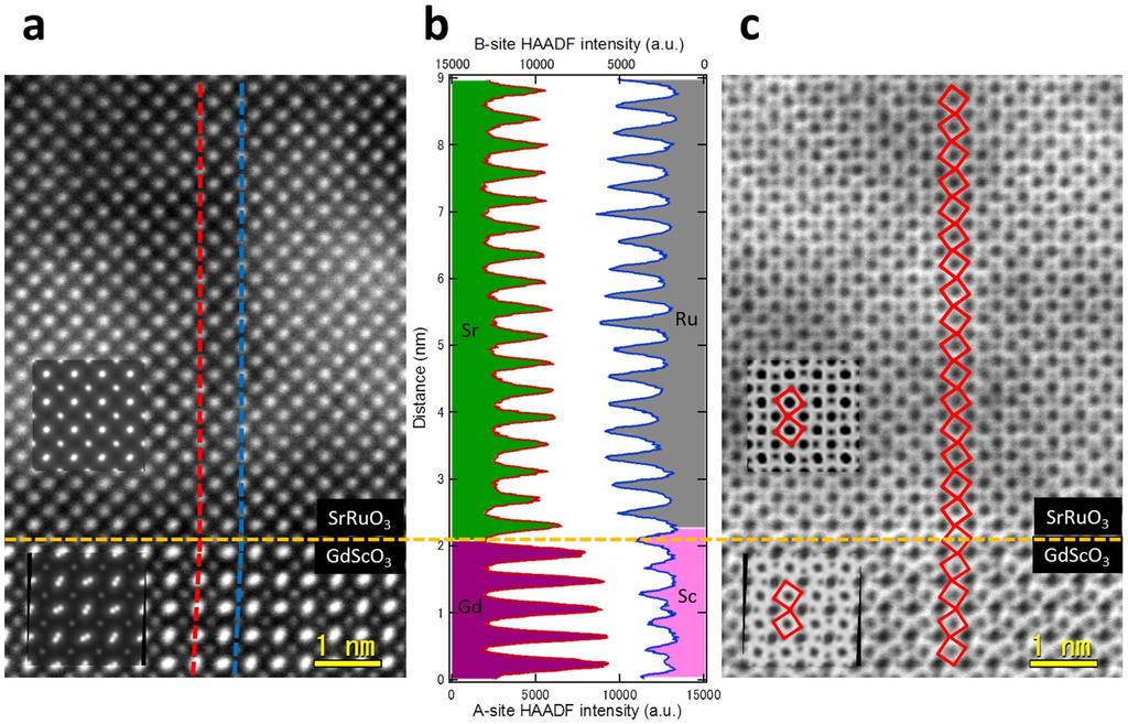 Figure 2 Atomic-scale structural characterization of SRO/GSO heterostructure by high-resolution HAADF- and ABF-STEM techniques.