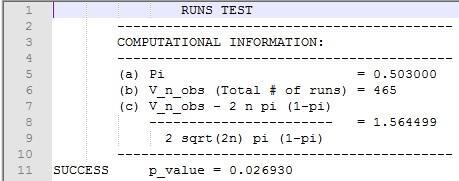 Svrha testa je da se odredi da li broj uzastopnih ponavljanja nula i jedinica odgovara očekivanoj slučajnoj sekvenci. Ovaj test se poziva preko metode Runs(n) gde je n dužina bitnog uzorka.