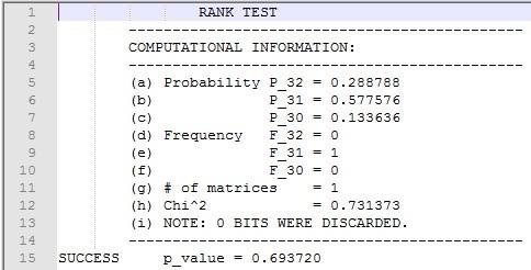 Ovaj test se poziva preko metode Rank(n) gde je n dužina bitnog uzorka. Metoda koristi parametar ε (niz bitova u zapisu ključa). Smatra se da je sekvenca slučajna, jer je rezultat testa P 0.01.