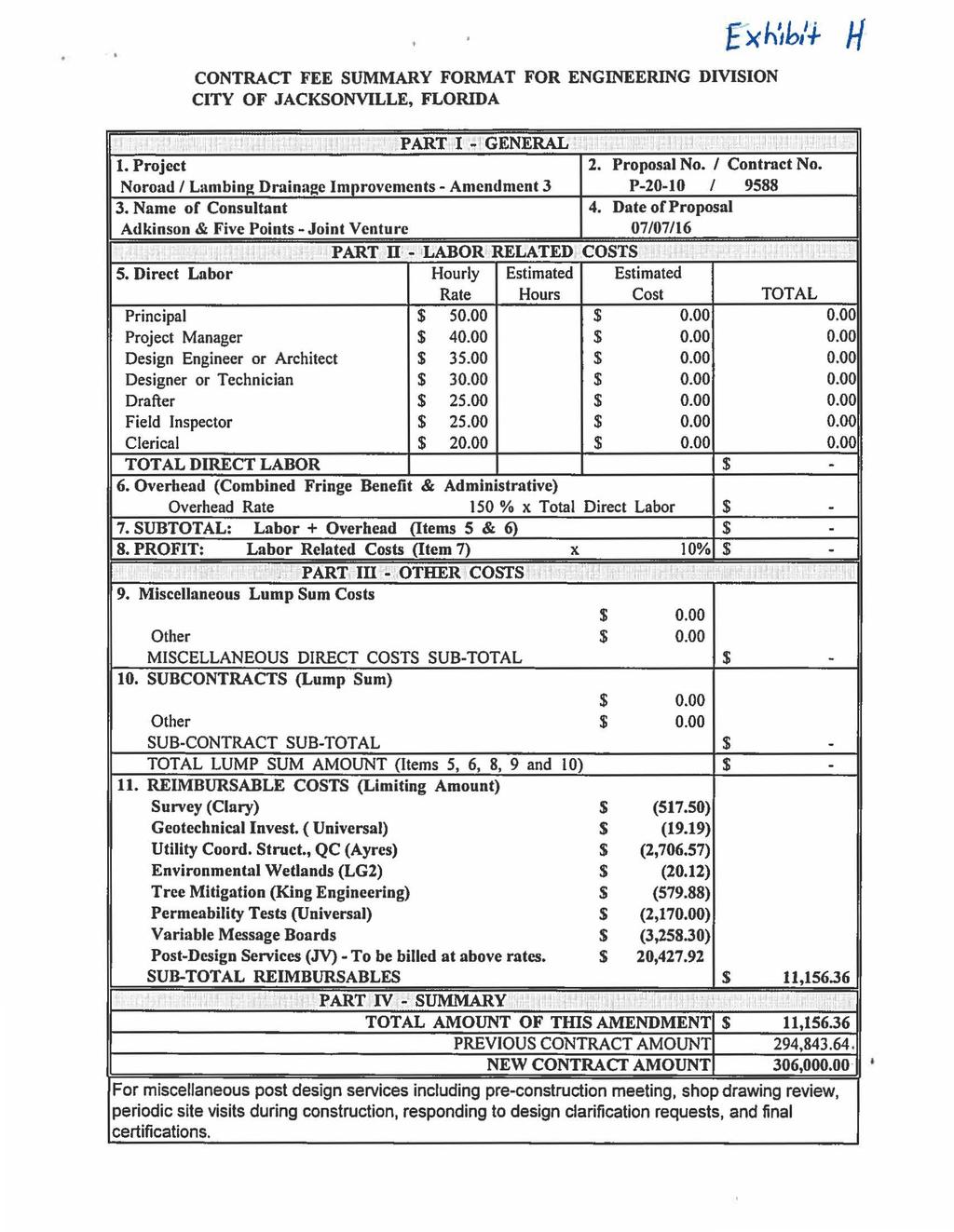CONTRACT FEE SUMMARY FORMAT FOR ENGINEERING DIVISION CITY OF JACKSONVILLE, FLORIDA PART I - GENERAL 1. Project 2. Proposal No. I Contract No.